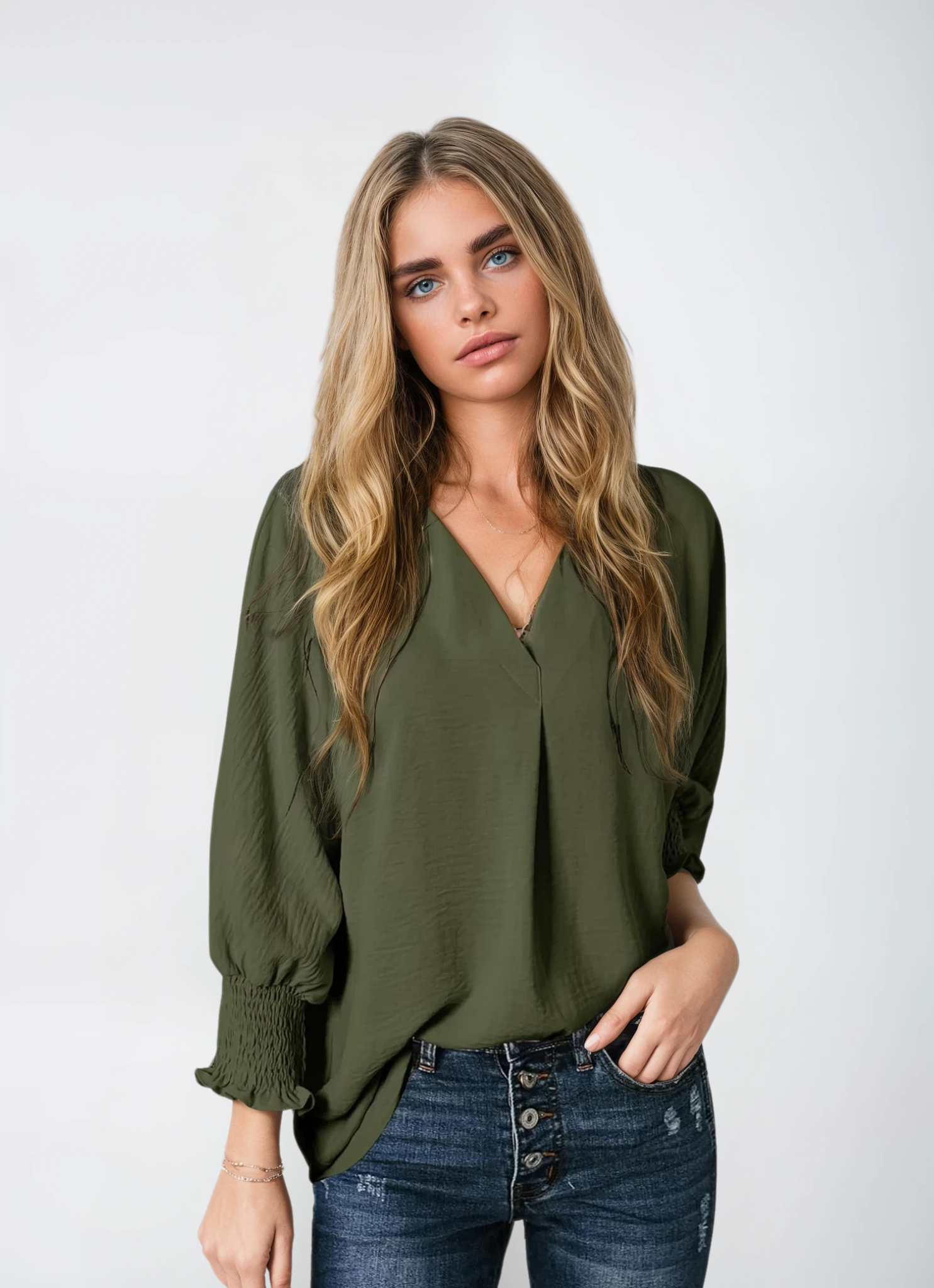Smocked Cuff Crinkle Blouse