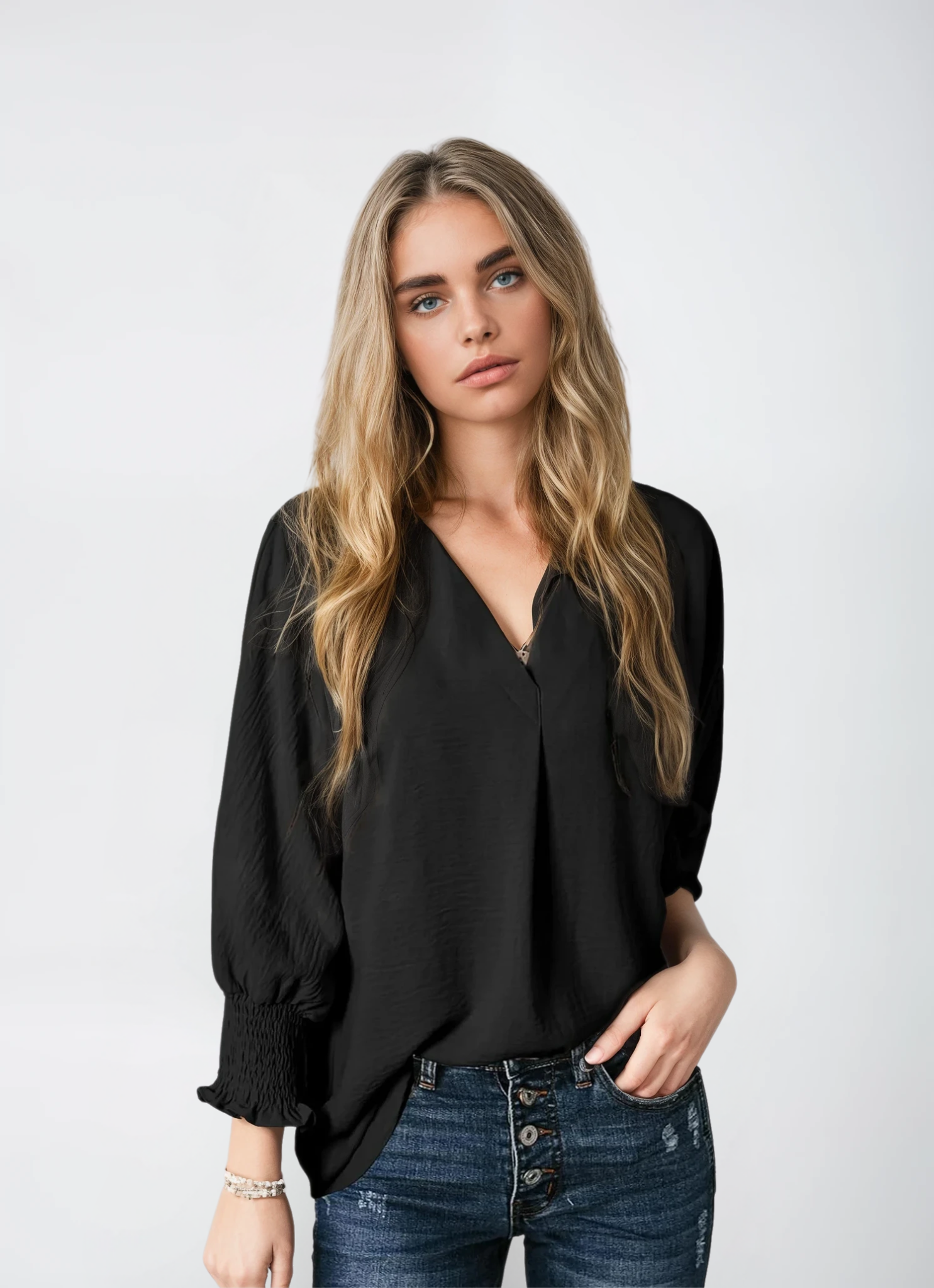 Smocked Cuff Crinkle Blouse