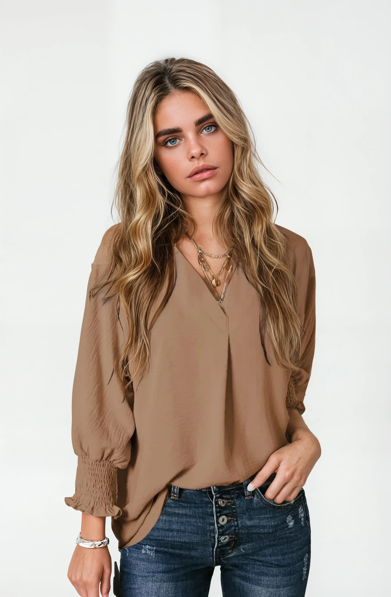 Smocked Cuff Crinkle Blouse