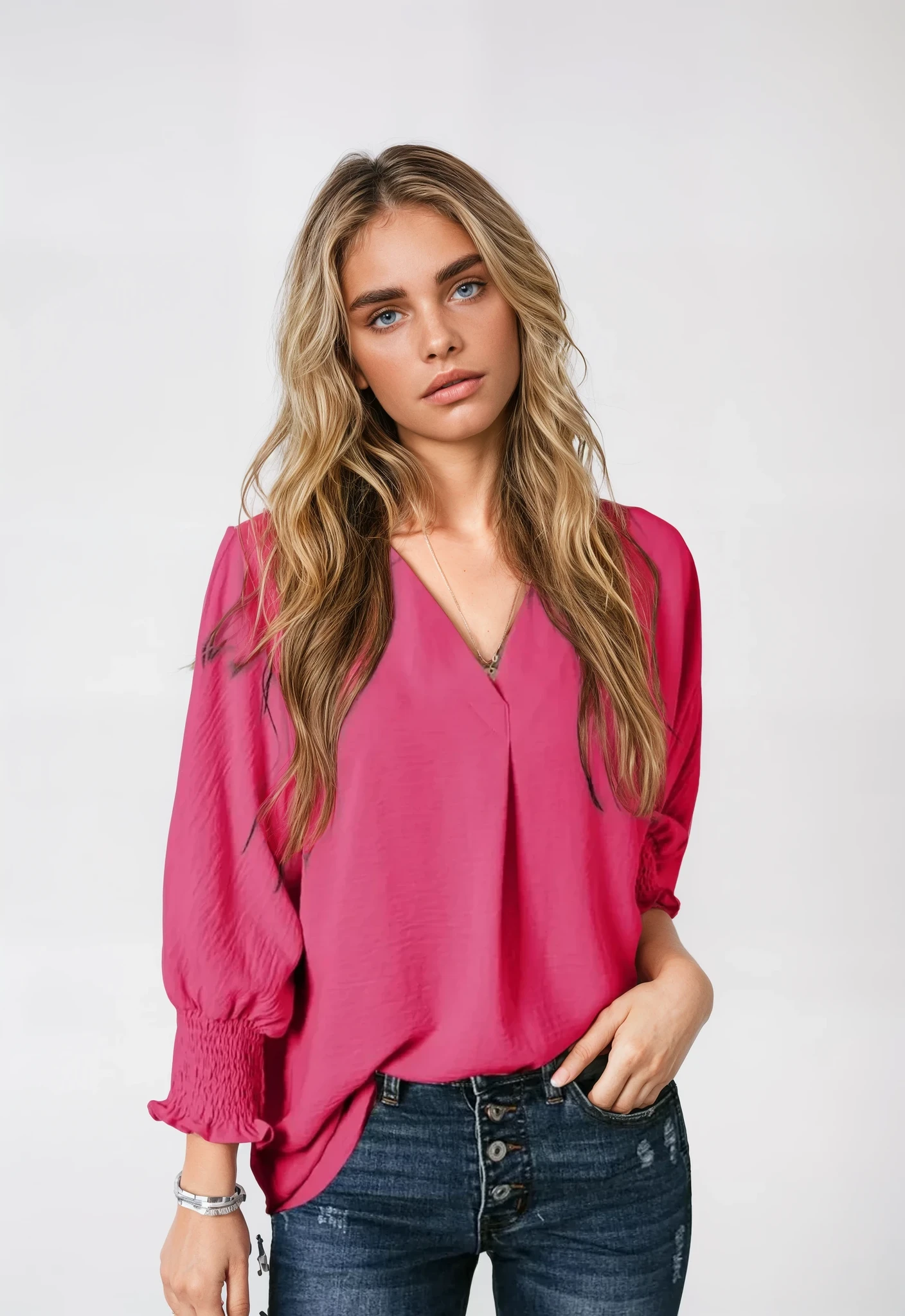 Smocked Cuff Crinkle Blouse