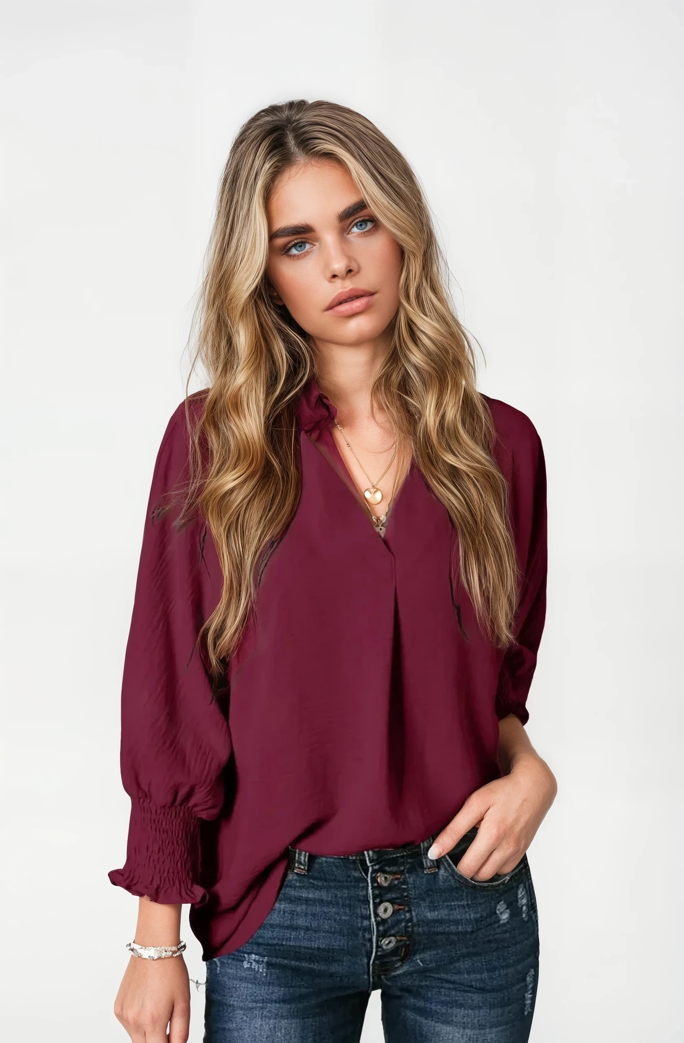 Smocked Cuff Crinkle Blouse