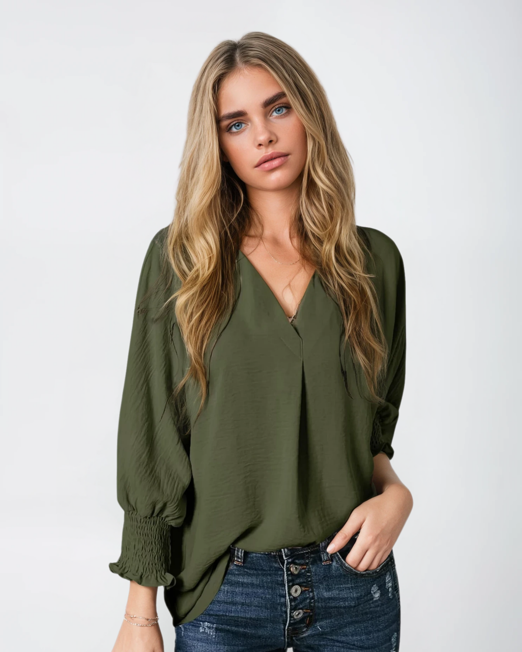 Smocked Cuff Crinkle Blouse