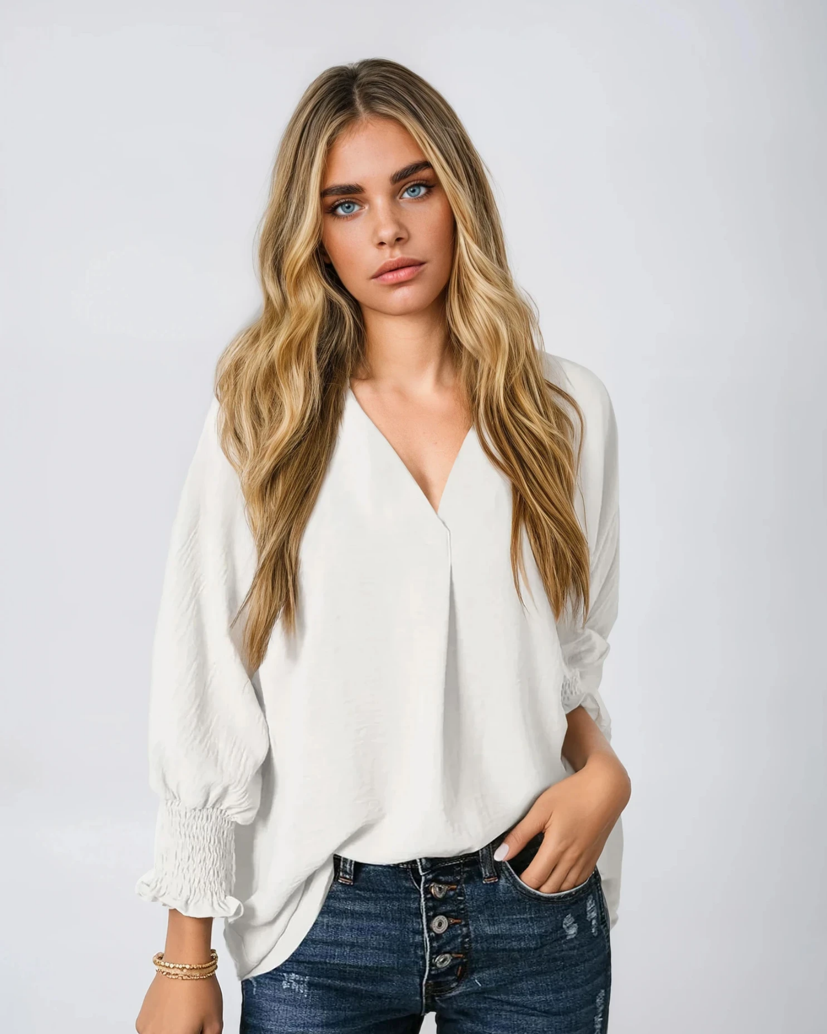 Smocked Cuff Crinkle Blouse