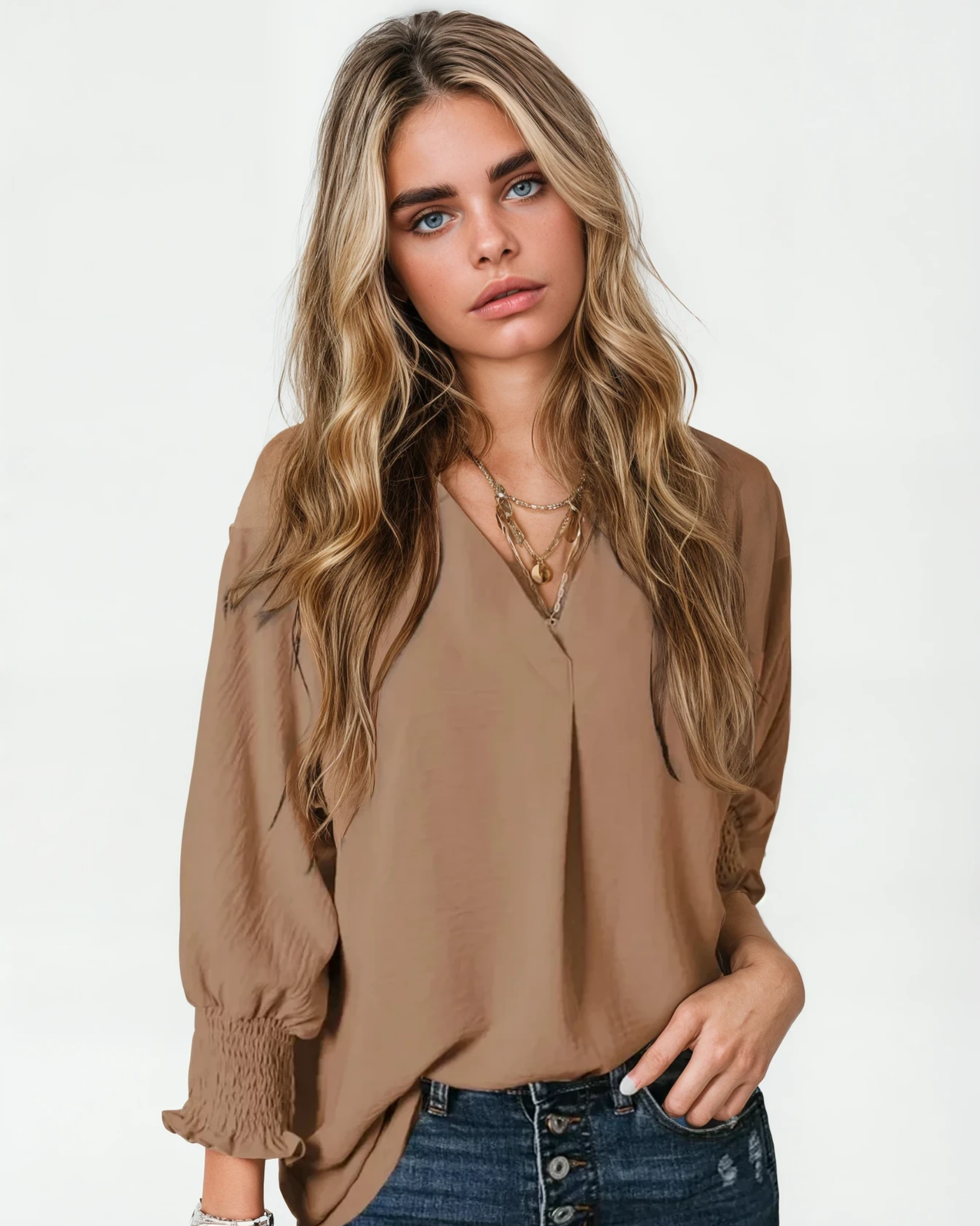 Smocked Cuff Crinkle Blouse