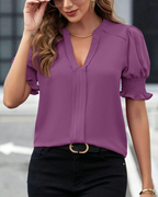 Smocked Sleeve V-Neck