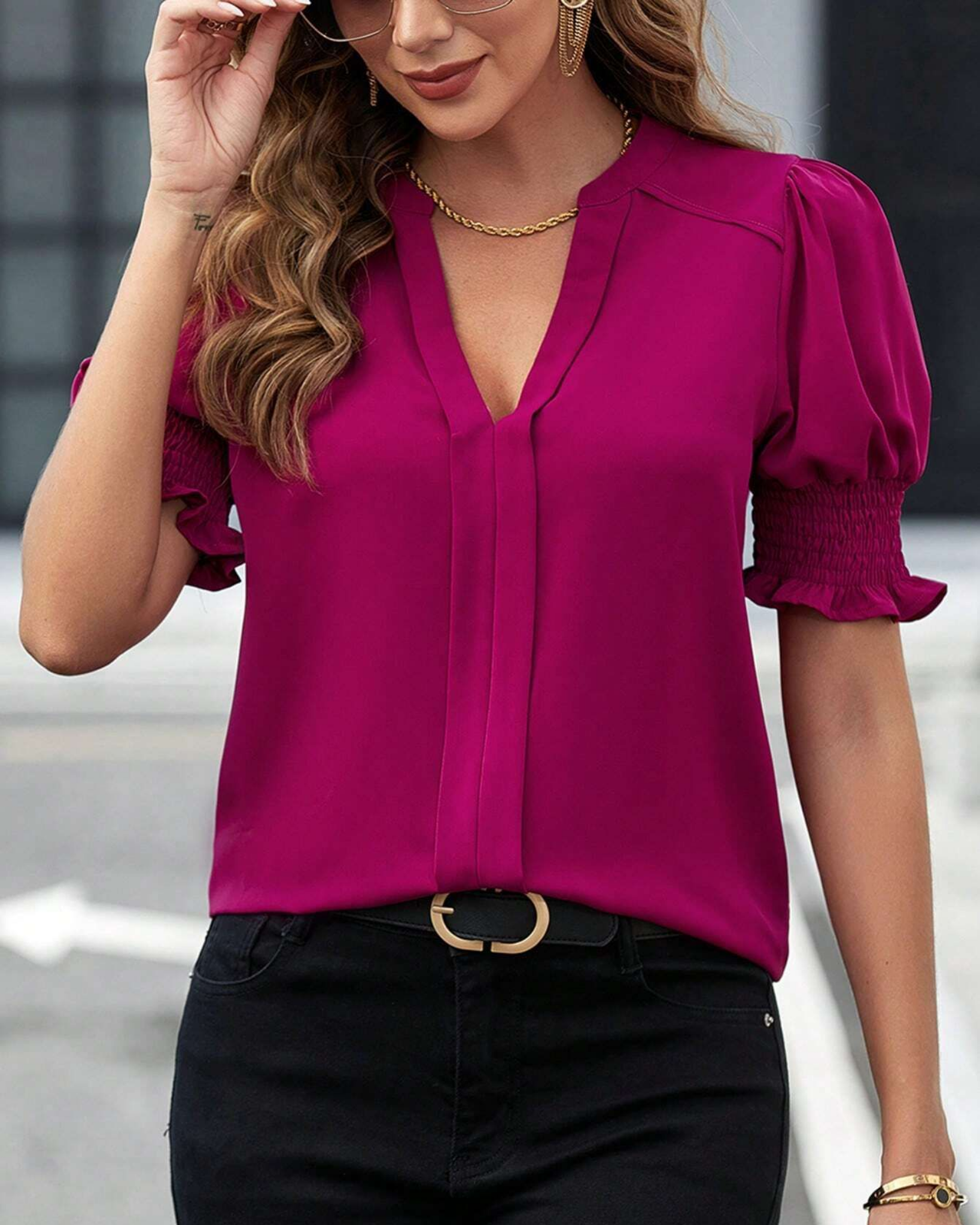 Smocked Sleeve V-Neck