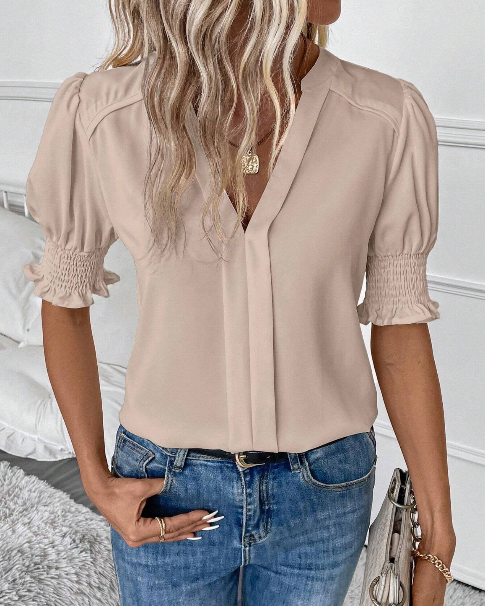 Smocked Sleeve V-Neck